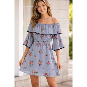 Ces Femme Off Shoulder Floral Striped Dress Blouse Size S Boho Bell Sleeve Top